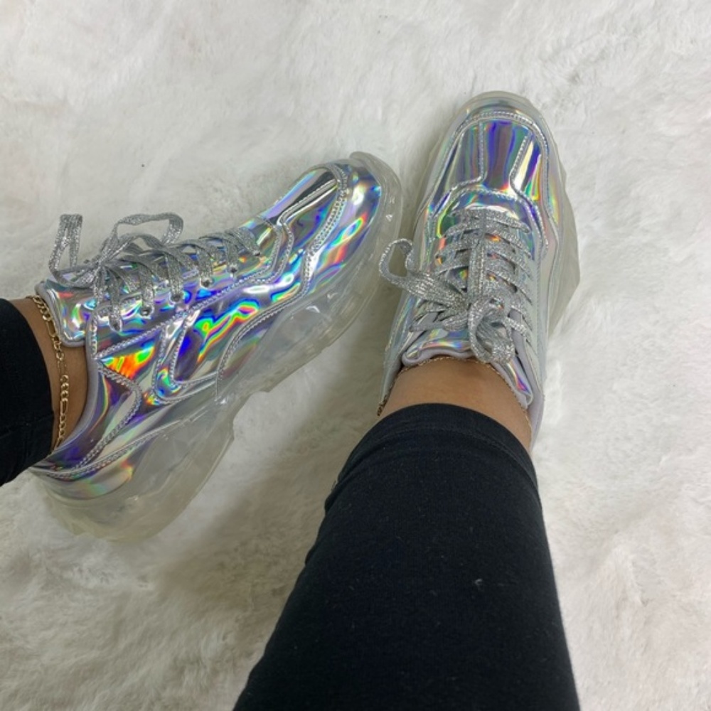 RESTOCKED!! Silver Holographic Fashion Sneakers - Picture 3 of 7